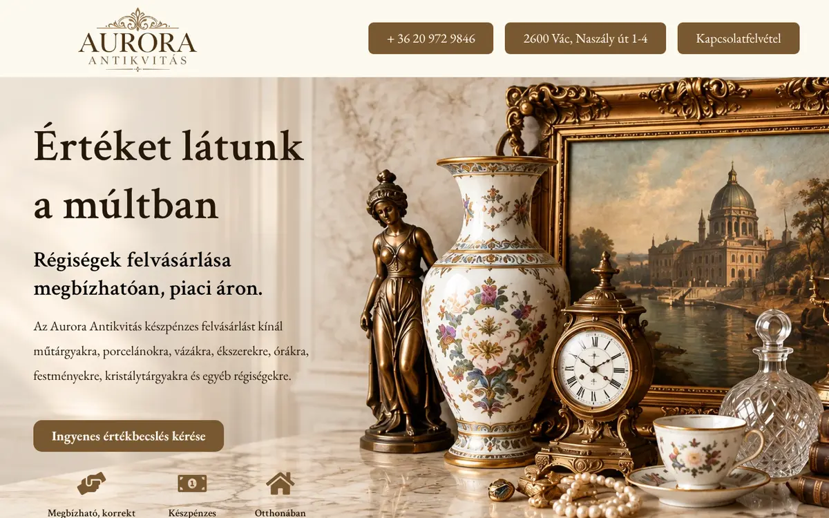 A(z) Aurora Antikvitás weboldal nyitóképernyője