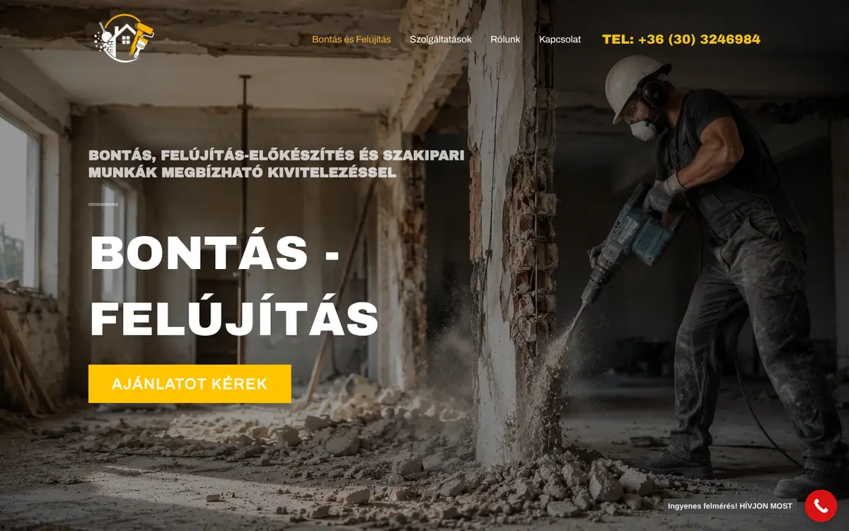 A(z) BontásCentrum weboldal nyitóképernyője