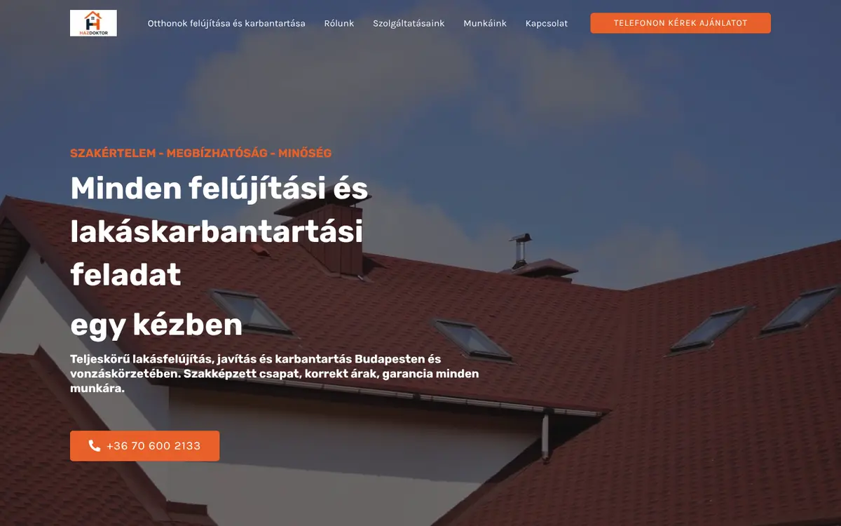 A(z) Házdoktor weboldal nyitóképernyője