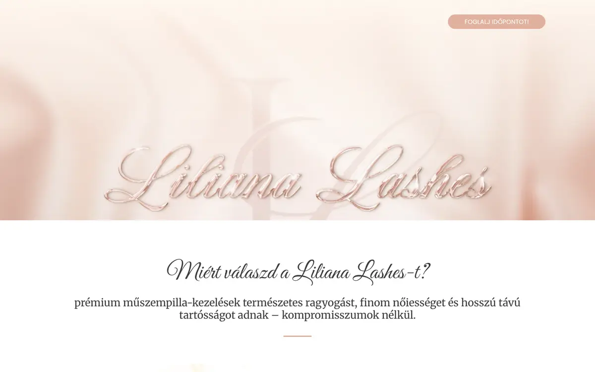 A(z) Liliana Lashes weboldal nyitóképernyője