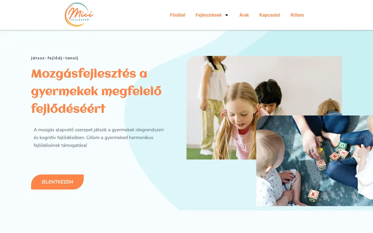 A(z) Mici Mozgás- és képességfejlesztő weboldal nyitóképernyője